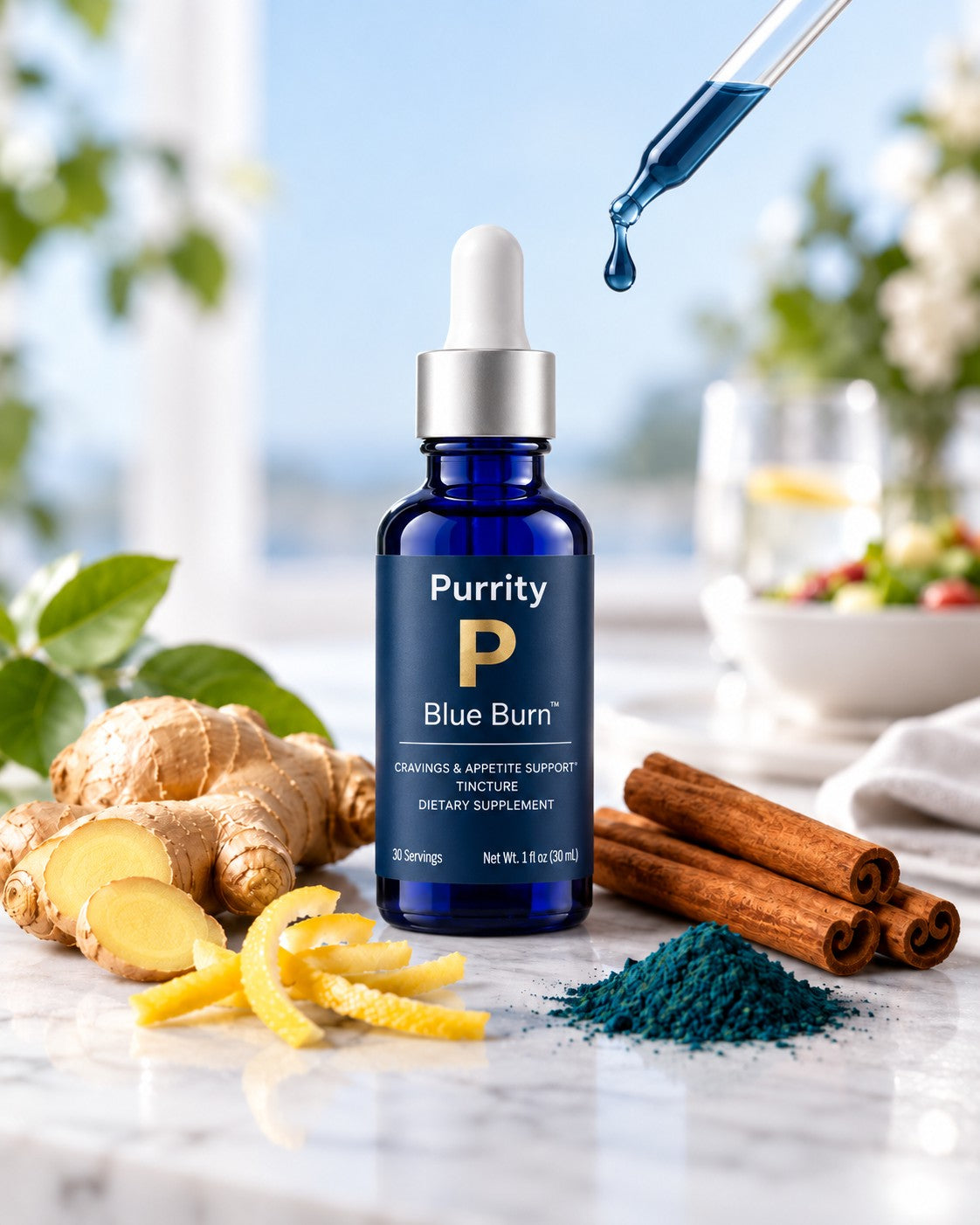Blue Burn tincture with ginger, lemon peel, cinnamon and blue spirulina