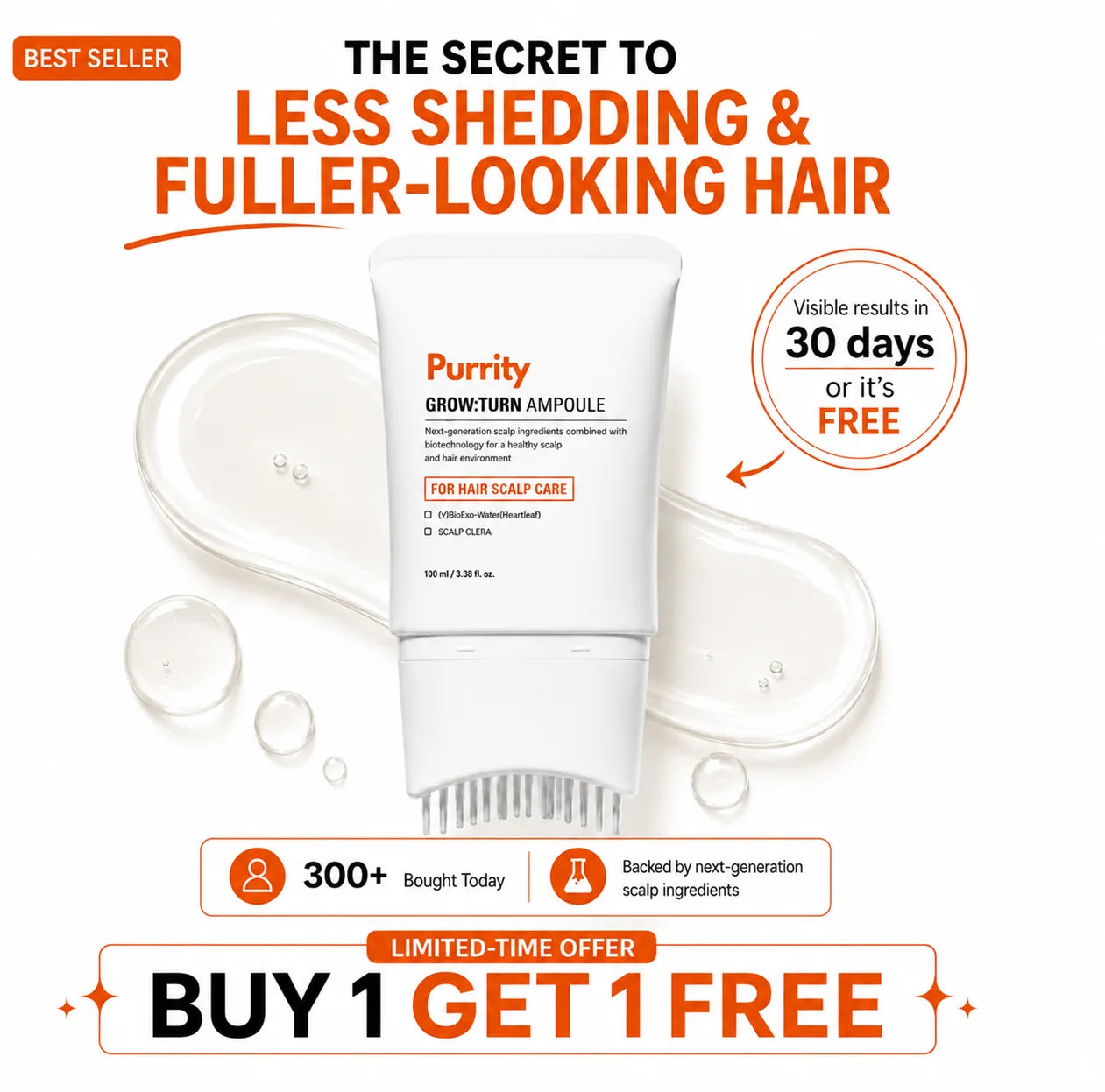 Purrity Grow:Turn Ampoule, a white Korean scalp serum tube with a built-in brush head